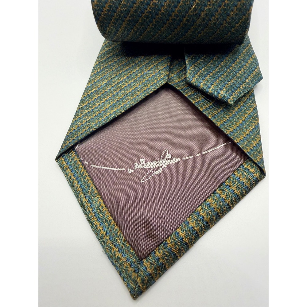 Zanzara Mens Silk Tie Teal Gold Blue Textured Diagonal Stripe Hand Made 6191
